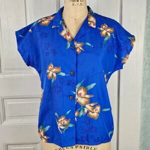 Top VTG blue Hawaiian floral tropical print retro vacation shell  L?